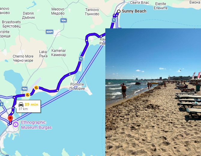 Route from Burgas Airport to Sunny Beach with a photo of the beach