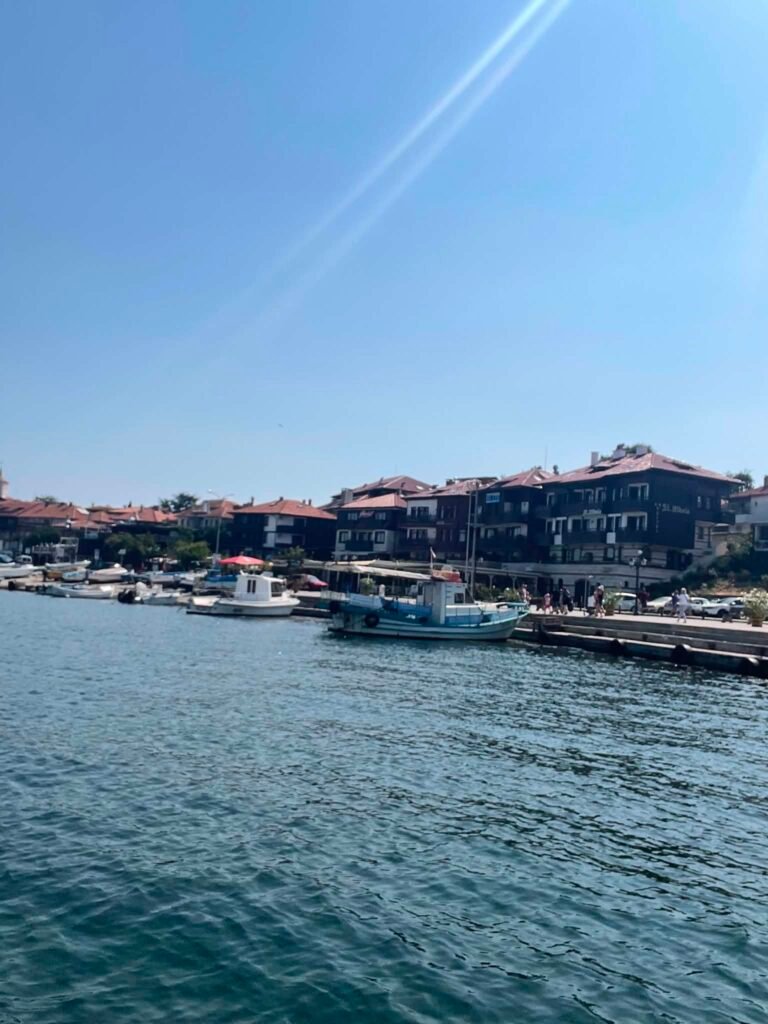 Panoramic view of Nessebar Old Town from a ferry boat on the Black Sea